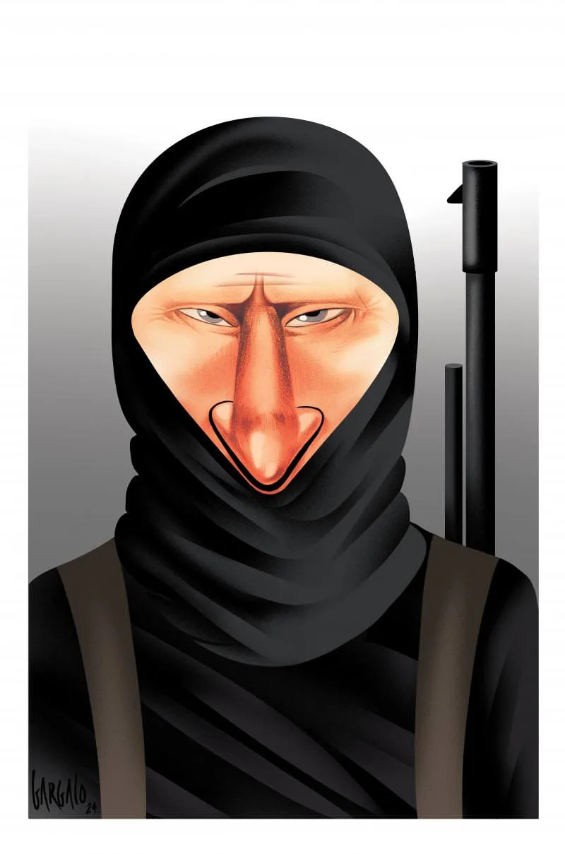 A digitally illustrated portrait of a man wearing a black ninja-style hood and vest, with a very large, exaggerated nose…