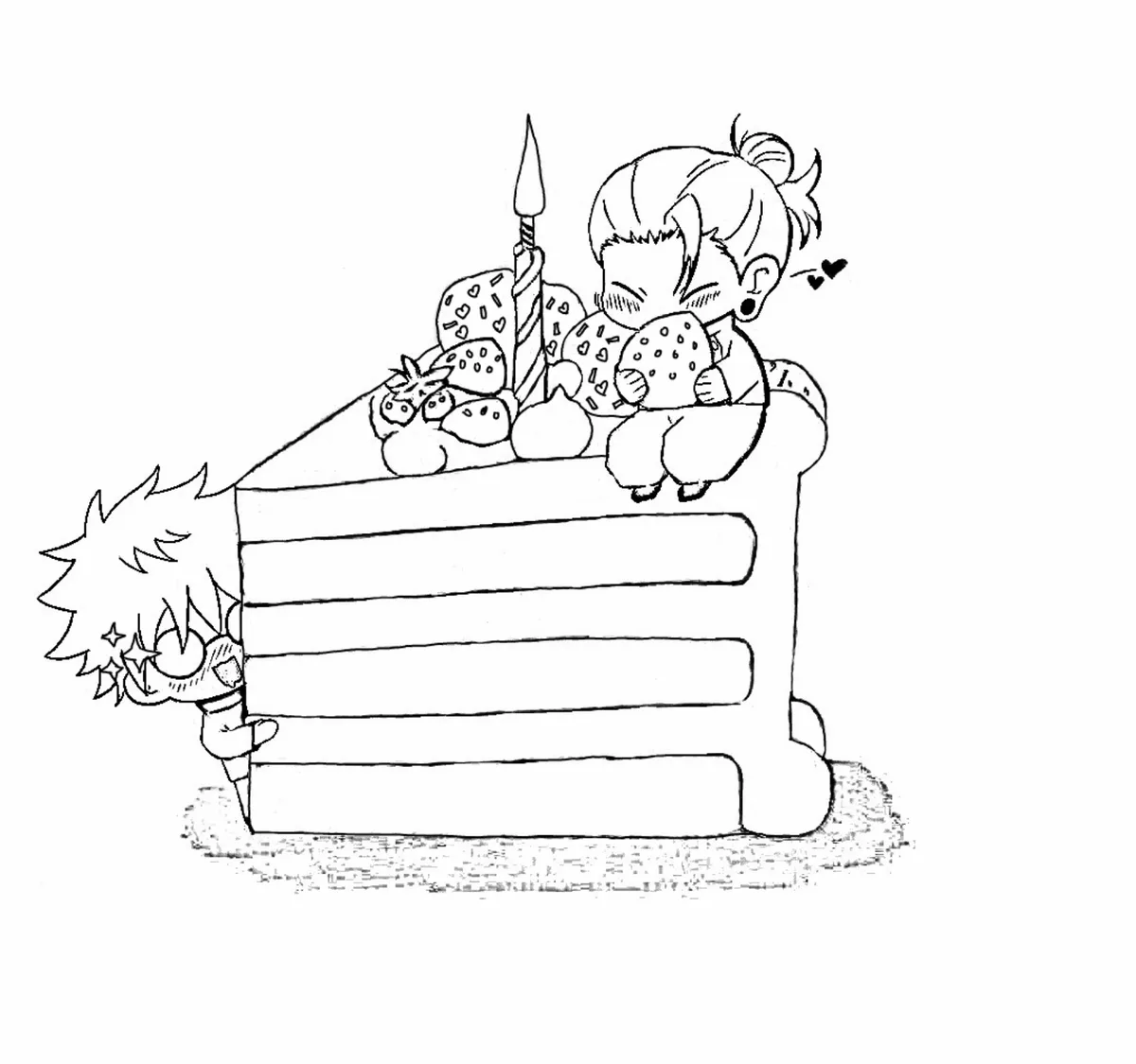 A black-and-white line drawing shows a chibi-style character with spiky hair peeking from behind a giant slice of cake…