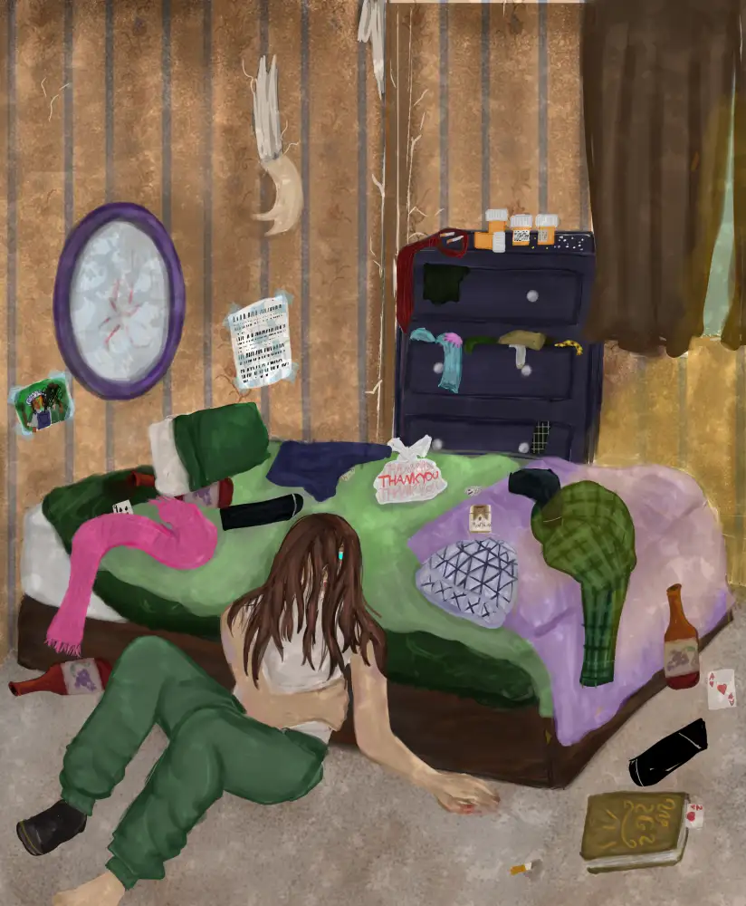 A messy, rundown bedroom with peeling wallpaper, a broken clock, and a person slumped on the floor beside a bed covered in…