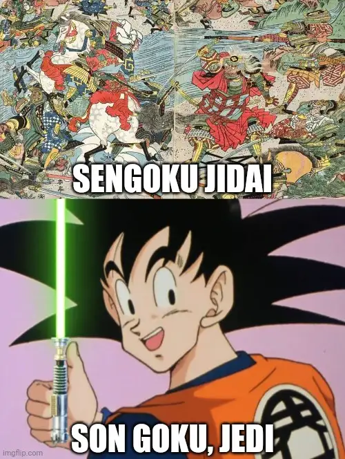 The image is a two-panel meme. The top panel shows a chaotic, colorful Japanese woodblock print depicting numerous samurai…