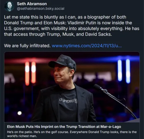 A screenshot of a tweet by Seth Abramson showing a photo of Elon Musk wearing a black cap and jacket, standing at a podium…