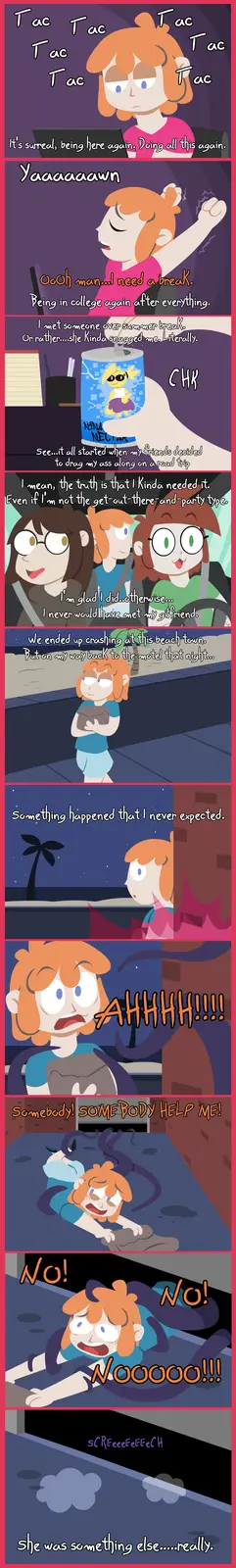 A comic strip featuring a young woman recounting her college experience and a road trip that led to a terrifying encounter…