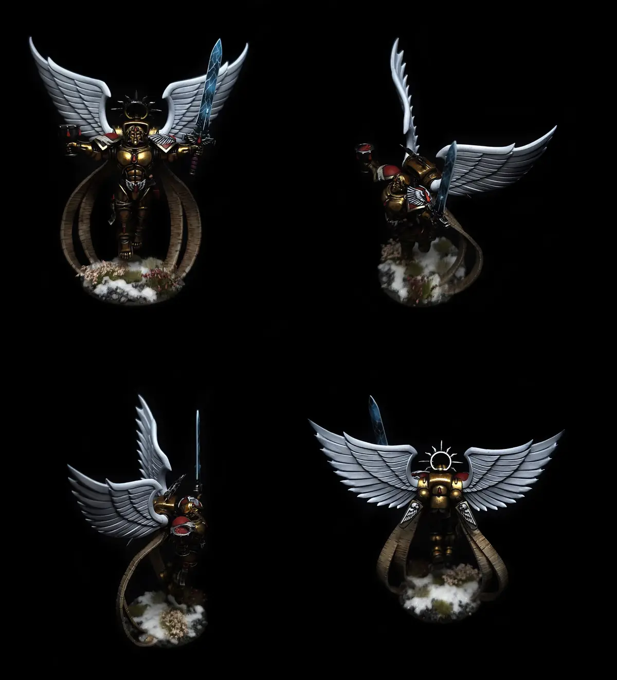 Four angled views of a detailed miniature figurine of an angelic warrior in golden armor with large white wings, holding a…