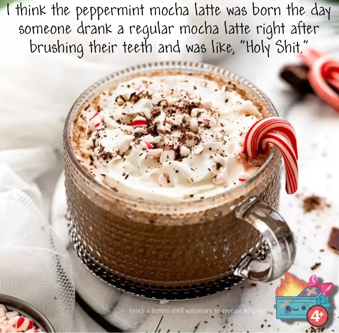 A close-up photo of a glass mug filled with a chocolate-colored beverage topped with whipped cream, crushed peppermint…