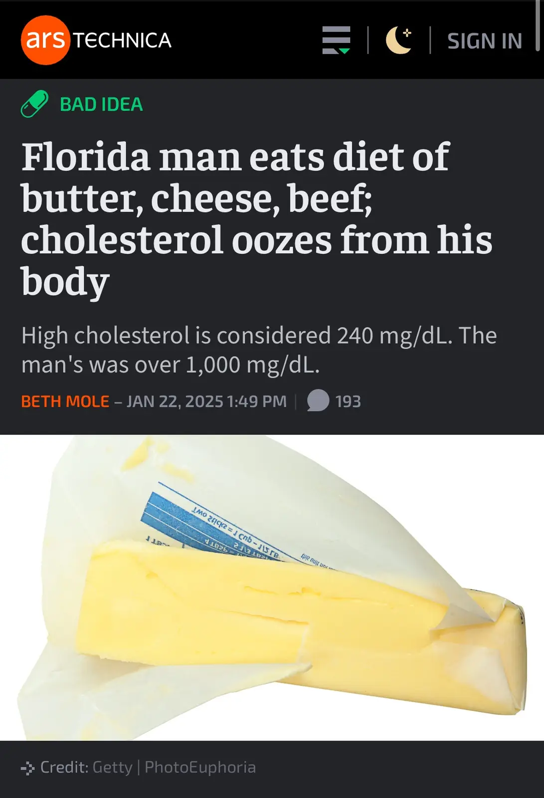An Ars Technica article headline about a 'Florida man' with dangerously high cholesterol from a butter, cheese, and beef…