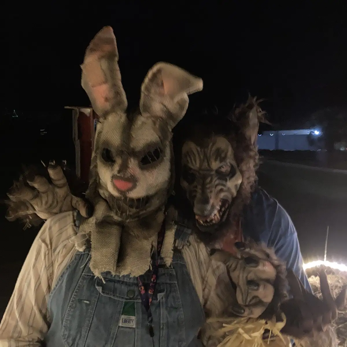 Two people in horror-themed costumes pose at night; one wears a large, textured bunny mask with long ears and a lanyard…