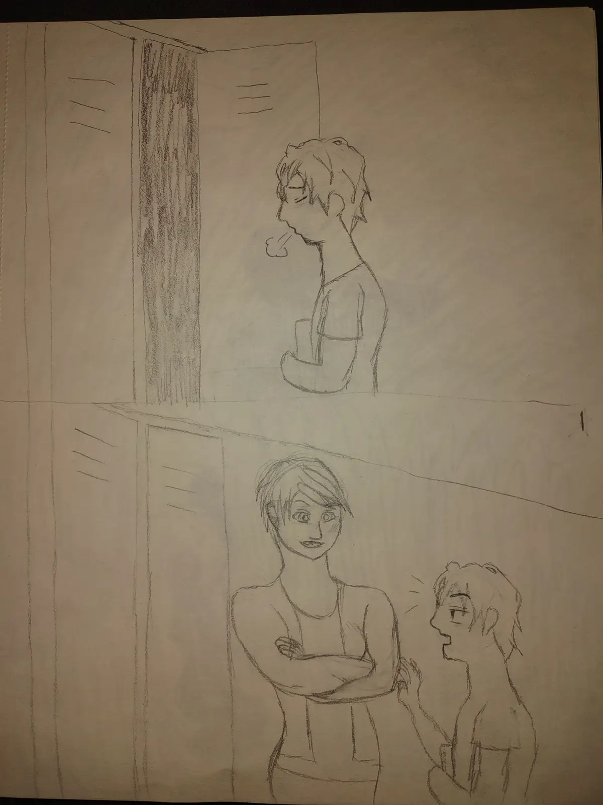 A two-panel pencil drawing shows a person smoking in a school hallway locker area in the top panel, and in the bottom panel…