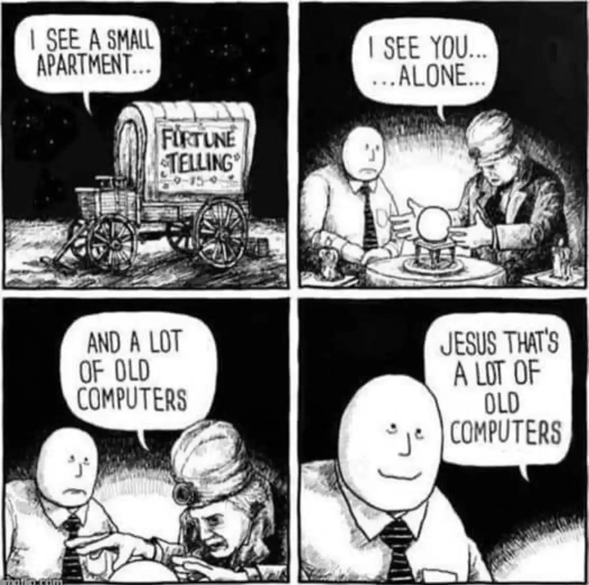 A four-panel black-and-white comic strip shows a fortune teller in a wagon, then reading a crystal ball, revealing a small…