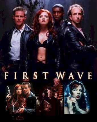 A promotional poster for the 2000 sci-fi film 'First Wave' featuring five main cast members in dark, edgy attire. The…