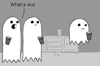 Three cartoon ghosts stand in a room with a dresser and cups. The ghost on the right holds a cup and looks smugly at the…