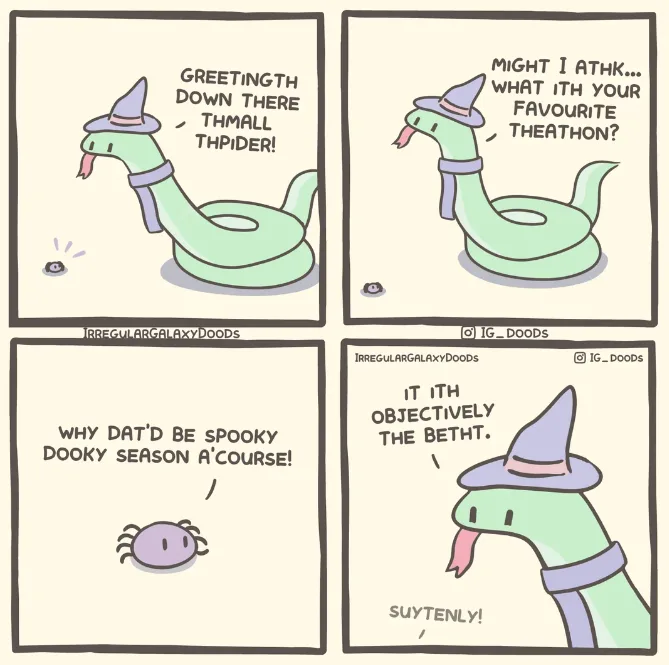 A four-panel comic shows a green snake wearing a wizard hat and scarf greeting a small crab. The snake asks the crab about…