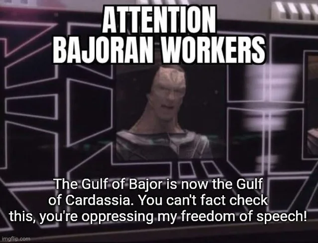 A screenshot from Star Trek: Deep Space Nine shows a Bajoran man on a screen with bold white text reading 'ATTENTION BAJORAN…