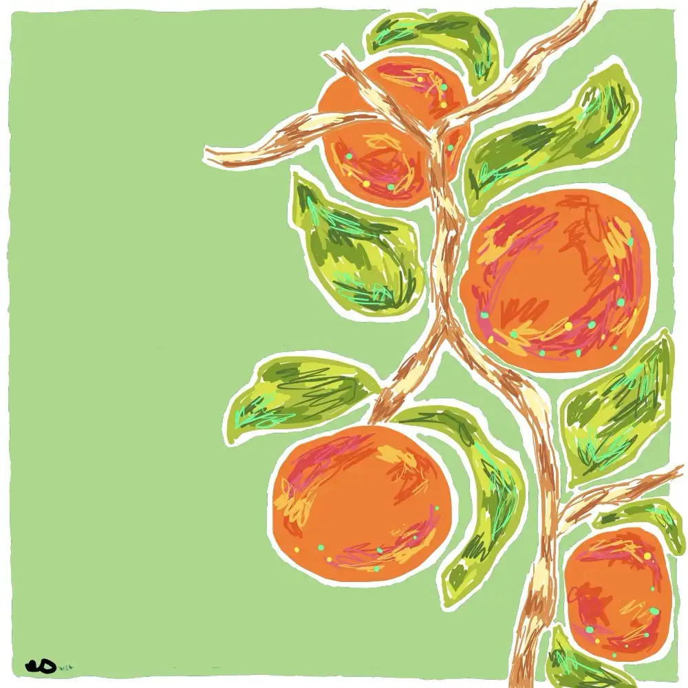 A stylized, childlike drawing of a tree with four orange fruits and green leaves against a solid light green background. The…