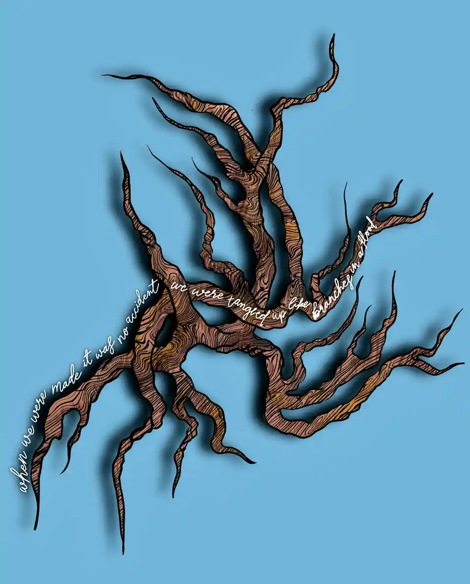 An illustration of tangled, brown, wood-grain textured branches against a solid blue background, with white cursive text…
