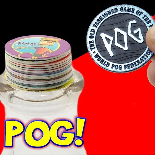 A clear glass bottle is filled with a stack of colorful, round paper discs called POGs, with one POG featuring a cartoon cat…