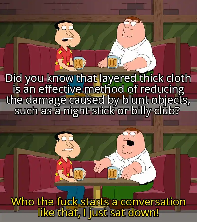Two cartoon men sit at a bar, one asks a bizarrely specific question about blunt force trauma protection, then the other…