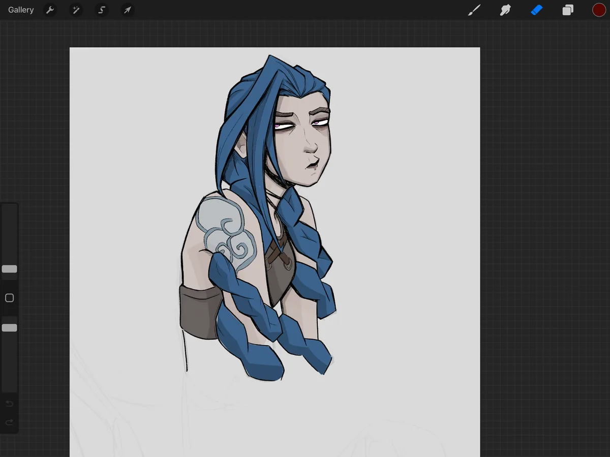 A digital drawing of a blue-haired anime-style character with a tired, half-lidded expression, shown within a digital art…