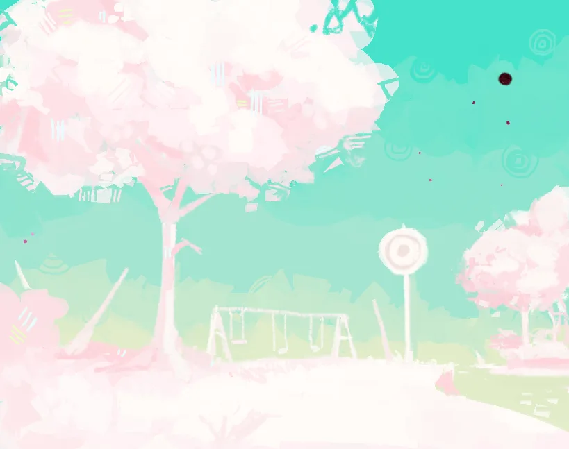 A stylized, pastel-colored illustration of a park with cherry blossom trees, a swing set, and a merry-go-round, overlaid…
