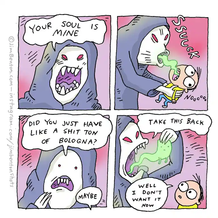 A four-panel comic shows a grim reaper-like figure attempting to steal a child's soul, only to be confused when the soul is…