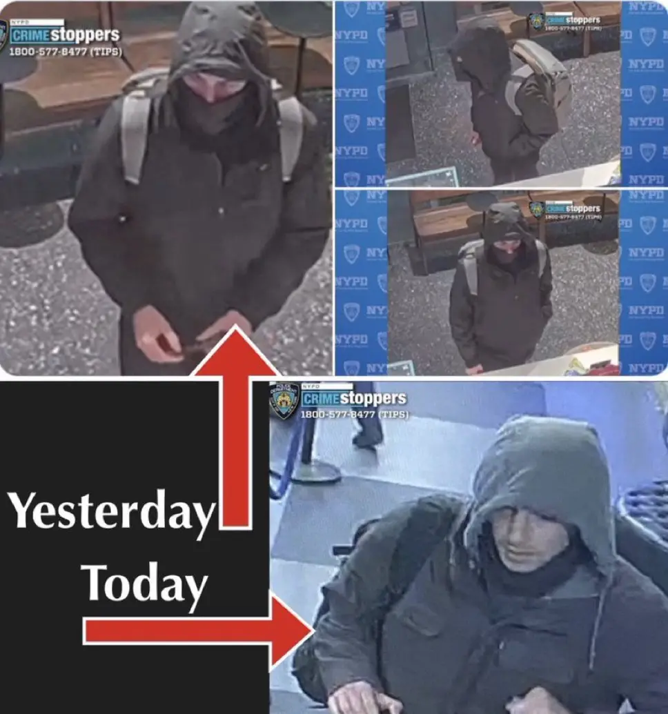 A composite image shows a person in a dark hooded jacket and face covering in surveillance photos labeled 'Yesterday' and…