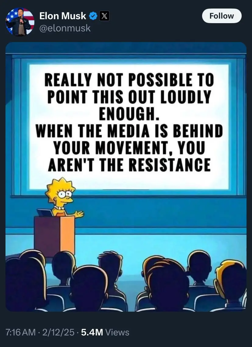 A screenshot of a tweet from Elon Musk shows a cartoon image of Lisa Simpson from The Simpsons standing at a podium in front…
