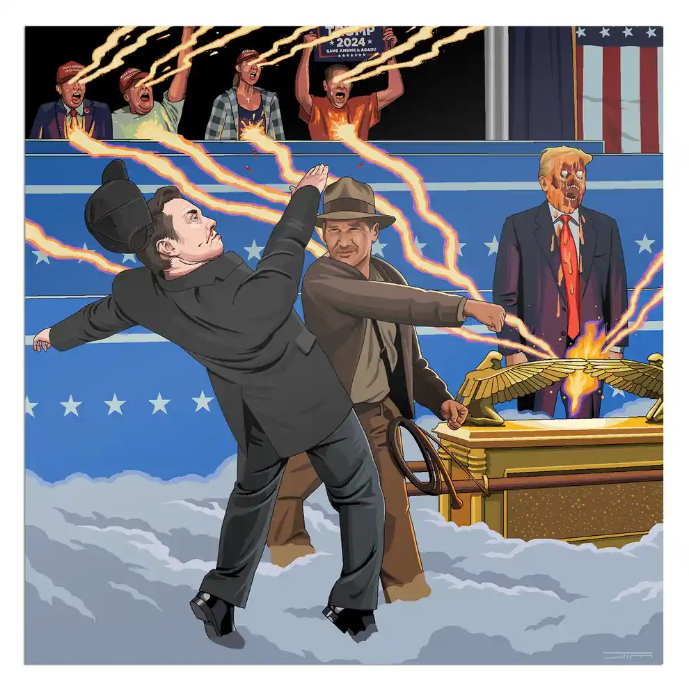 An illustrated scene shows Elon Musk and Indiana Jones in a dynamic pose, seemingly fighting or deflecting fiery beams from…