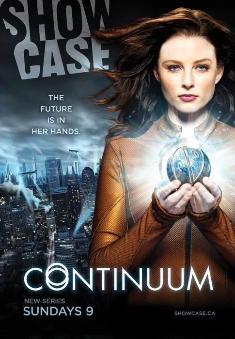 A promotional poster for the TV show 'Continuum' features a woman in a futuristic orange suit holding a glowing orb, with a…