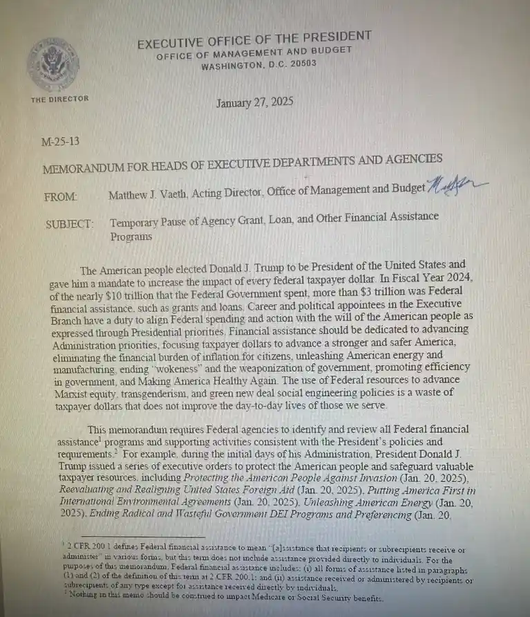 A government memorandum dated January 27, 2025, from the Office of Management and Budget, signed by Matthew J. Vaeth…