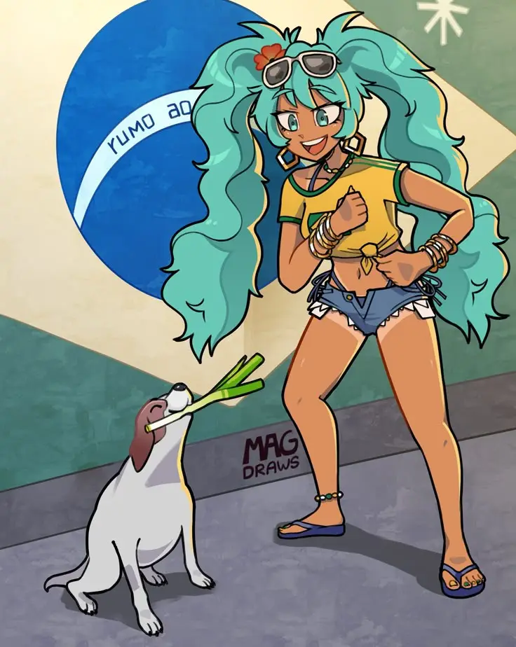An anime-style illustration shows a cheerful woman with long teal pigtails, wearing a yellow Brazil-themed jersey and denim…