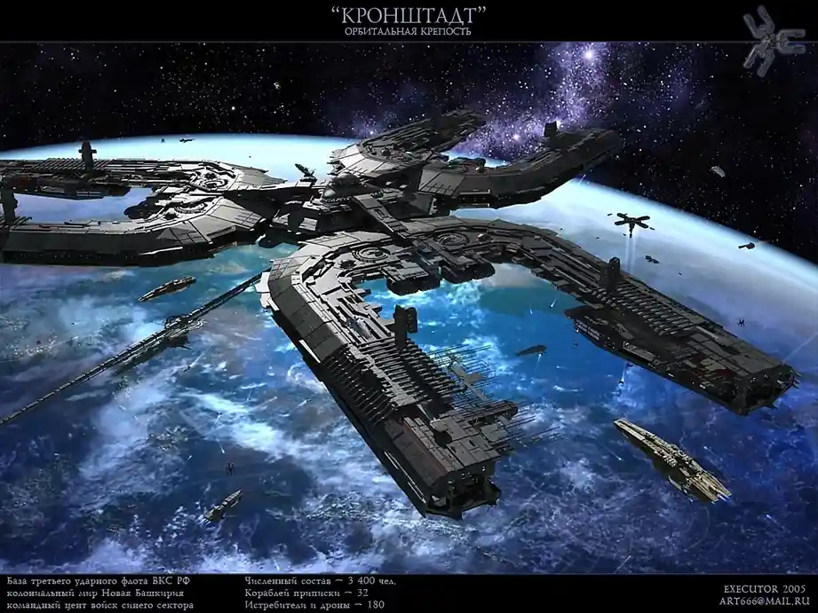 A massive, intricate orbital space station named 'Kronstadt' looms over a blue planet, surrounded by smaller spacecraft. The…
