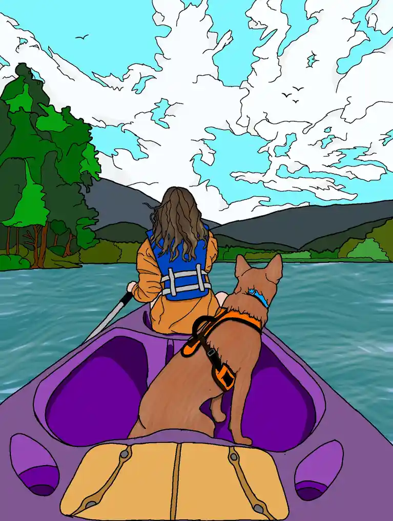 A cartoon illustration shows a person with long brown hair wearing a blue life vest and an orange jacket, paddling a purple…