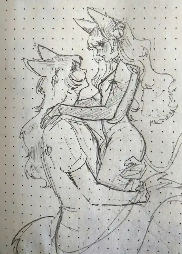 A pencil sketch on dotted paper shows two anthropomorphic fox characters in a close, affectionate embrace. The taller…