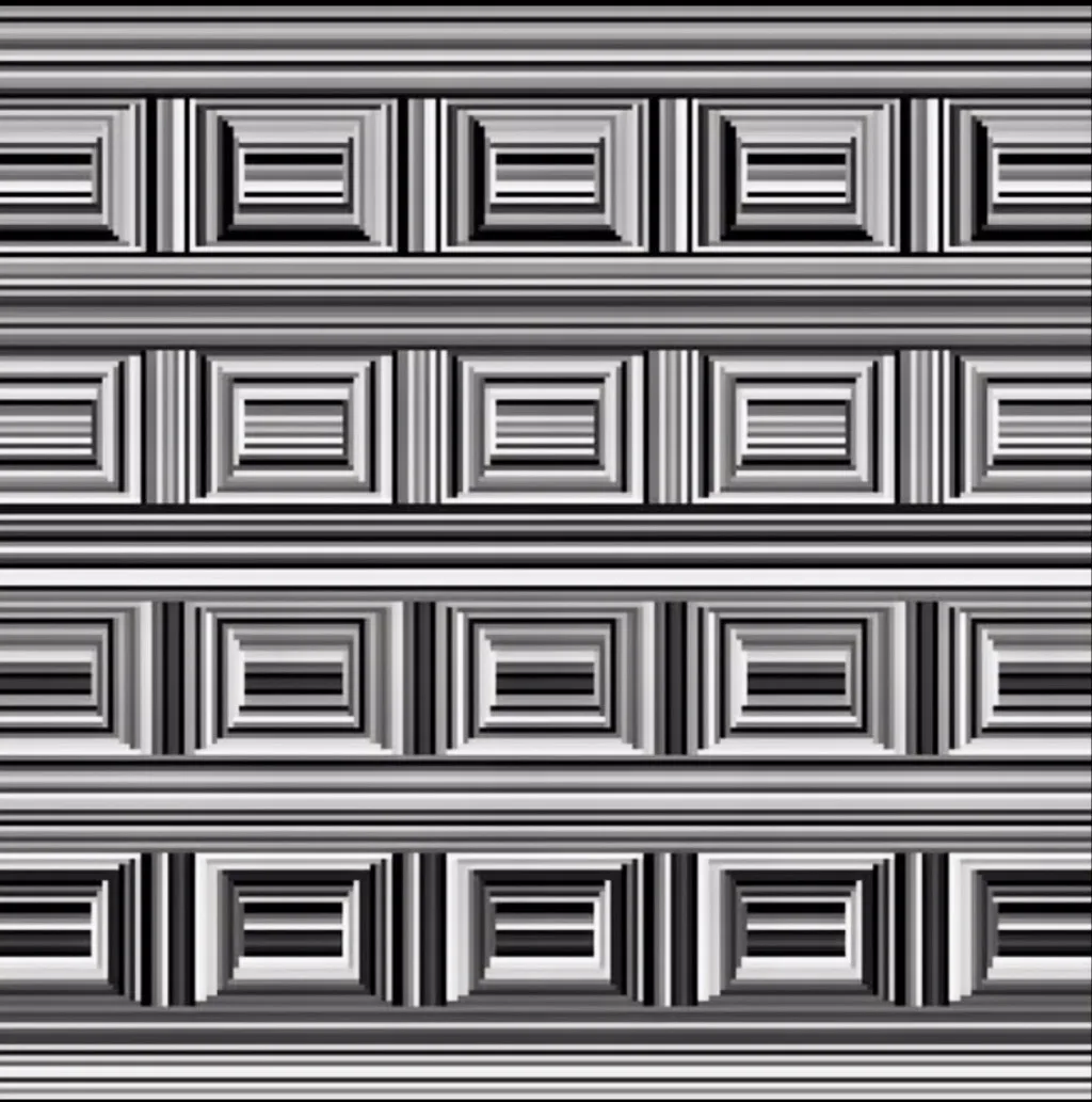The image is a black-and-white optical illusion featuring repeating rectangular patterns with alternating light and dark…