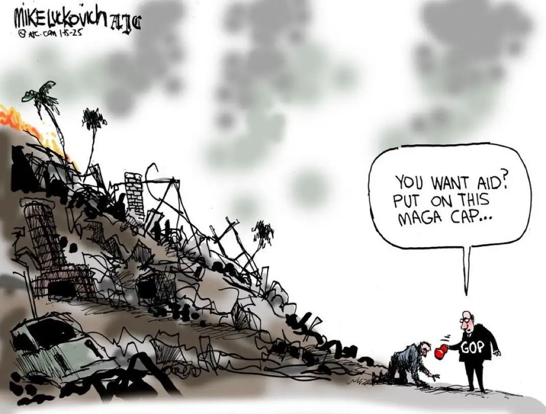 A cartoon depicts a man in a 'GOP' suit offering a red MAGA cap to another man kneeling in front of a destroyed, burning…