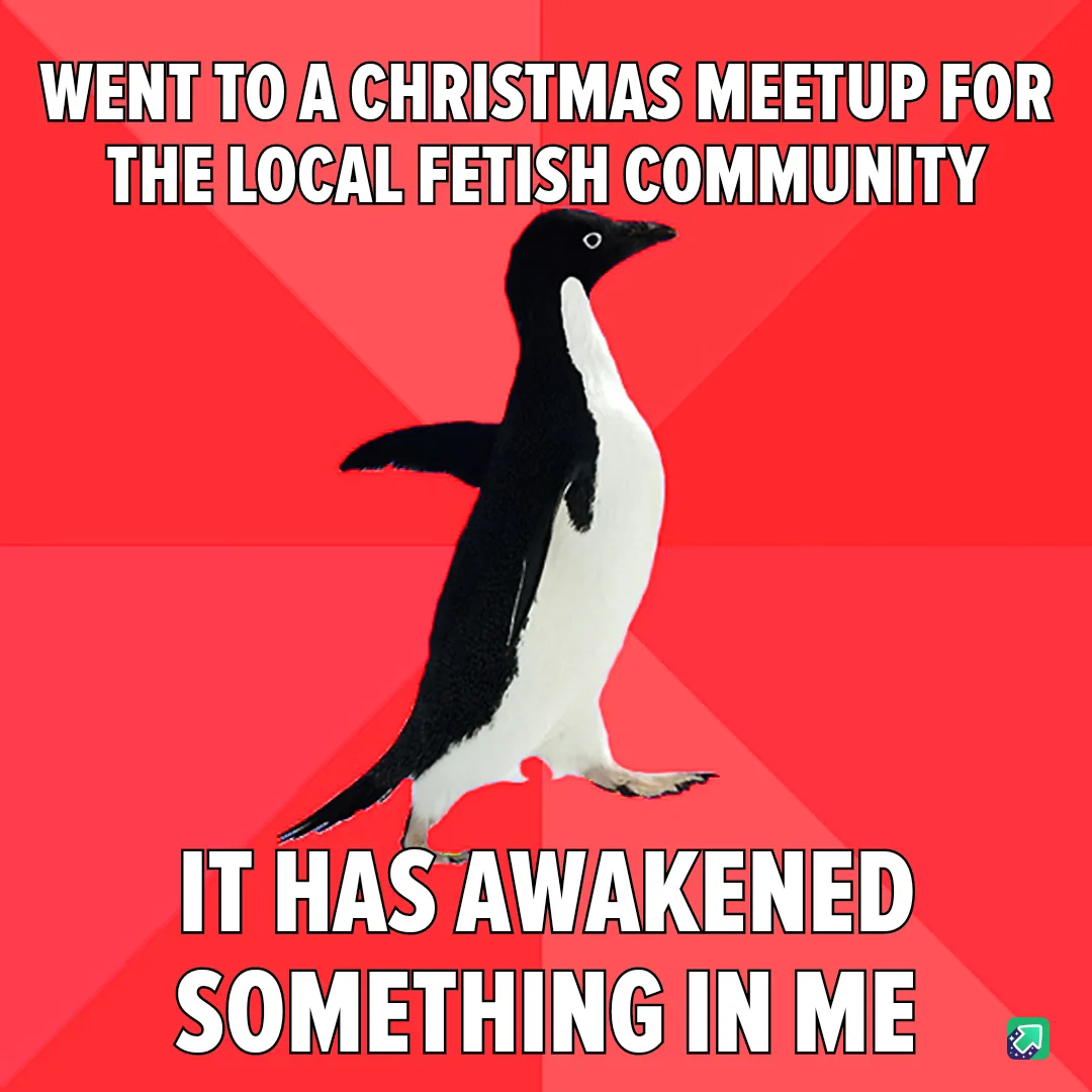 A black-and-white penguin stands against a red background with diagonal stripes. The text at the top reads 'WENT TO A…