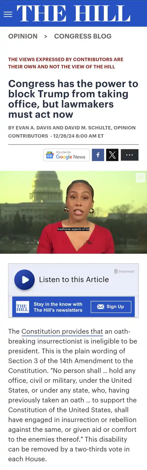 A screenshot of a The Hill opinion article titled 'Congress has the power to block Trump from taking office, but lawmakers…