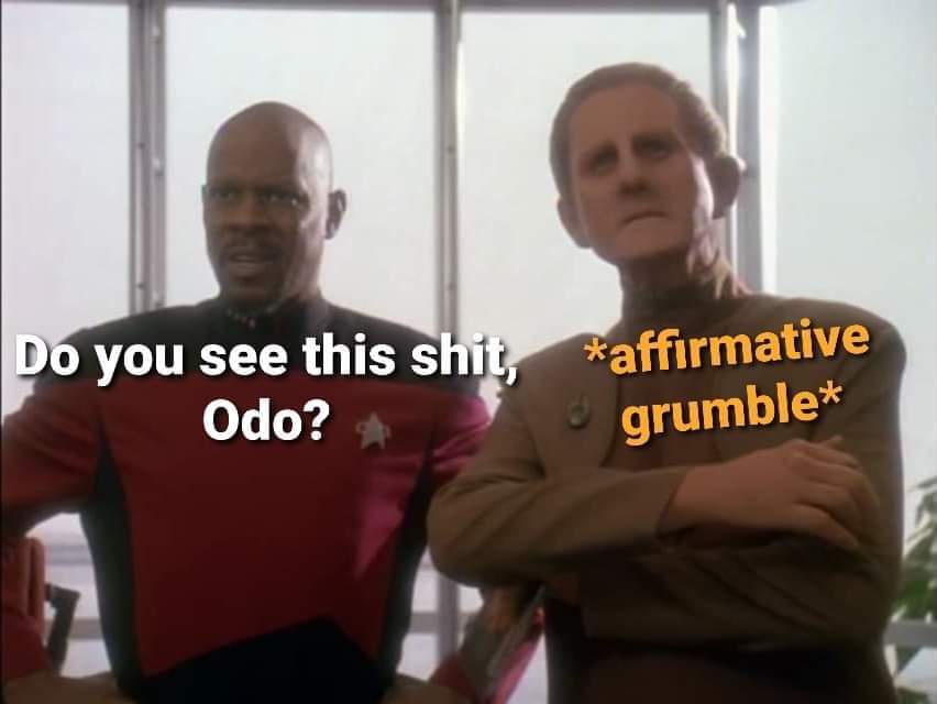Two characters from Star Trek: Deep Space Nine, Benjamin Sisko in a red uniform and Odo in a brown uniform, stand side by…
