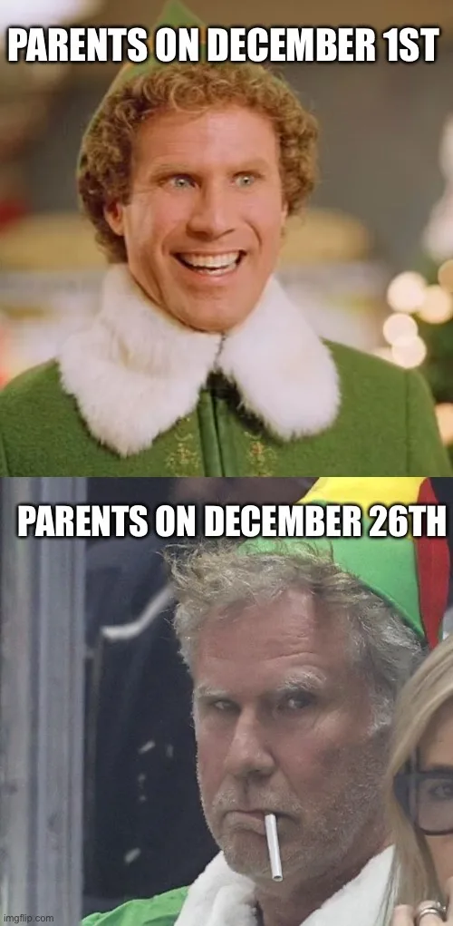 The image is a two-panel meme featuring actor Will Ferrell as the character Buddy the Elf from the movie 'Elf'. The top…