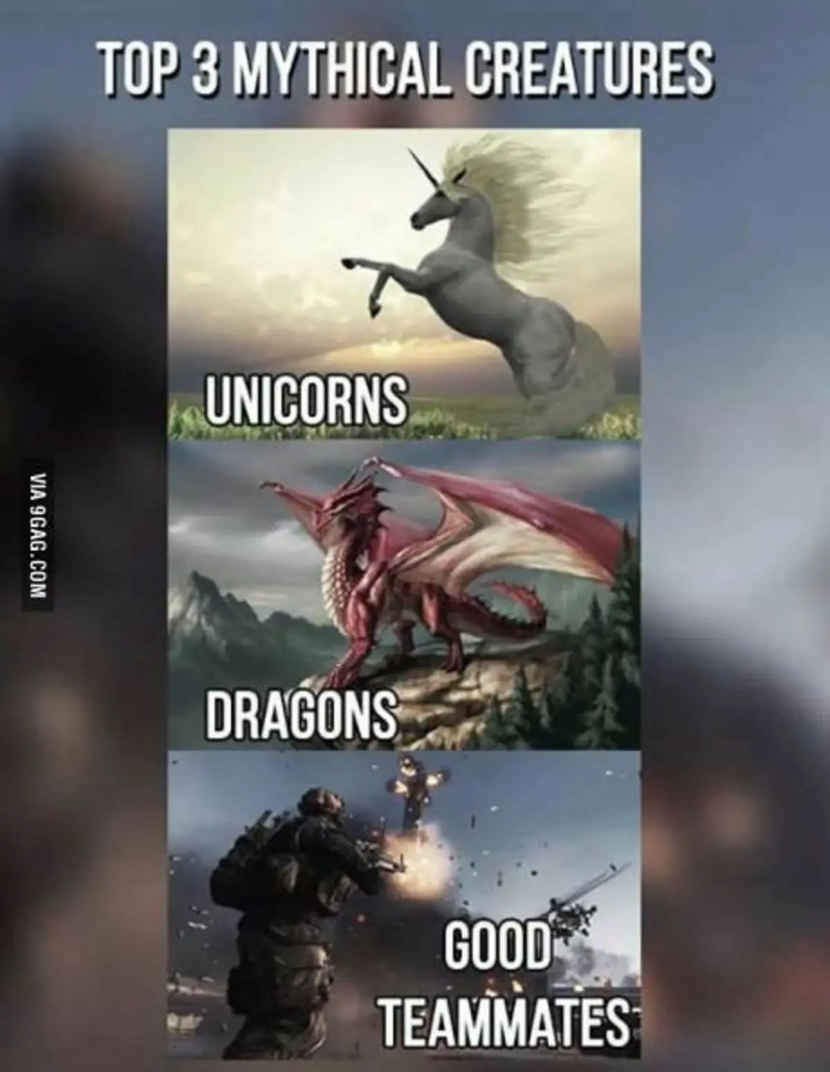 The image displays a vertical list titled 'TOP 3 MYTHICAL CREATURES'. The first panel shows a white unicorn rearing up…