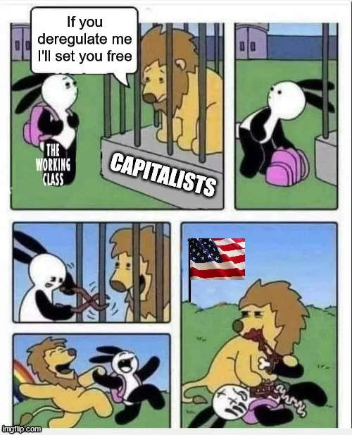 A four-panel comic strip shows a panda labeled 'THE WORKING CLASS' negotiating with a lion labeled 'CAPITALISTS' in a cage…