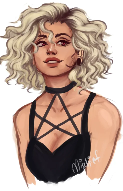 A digital illustration of a woman with voluminous blonde curls, red eyes, and a confident expression, wearing a black…
