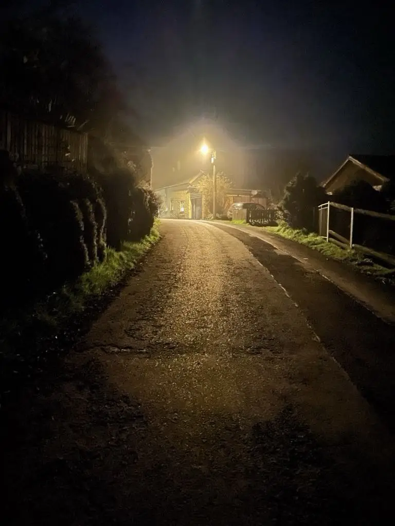 A nighttime photo of a narrow, cracked asphalt road illuminated by a single streetlamp, with houses and fences visible on…