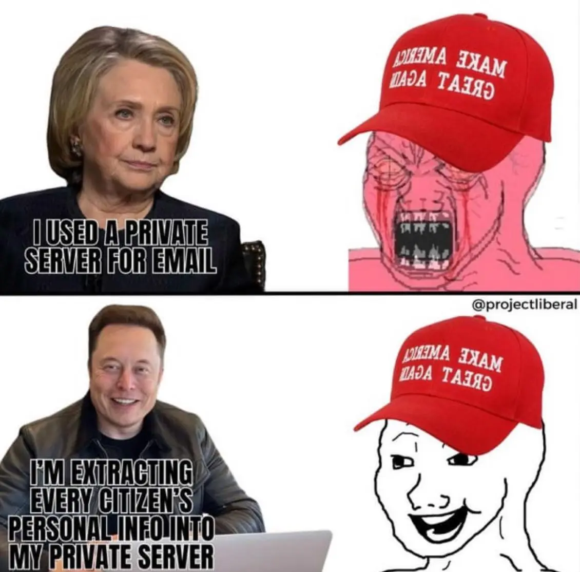 The image is a two-panel meme. Top panel shows Hillary Clinton with text 'I USED A PRIVATE SERVER FOR EMAIL' next to a red…