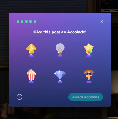 A purple pop-up window titled 'Give this post an Accolade!' displays six cartoonish award icons: a yellow arrow, a…