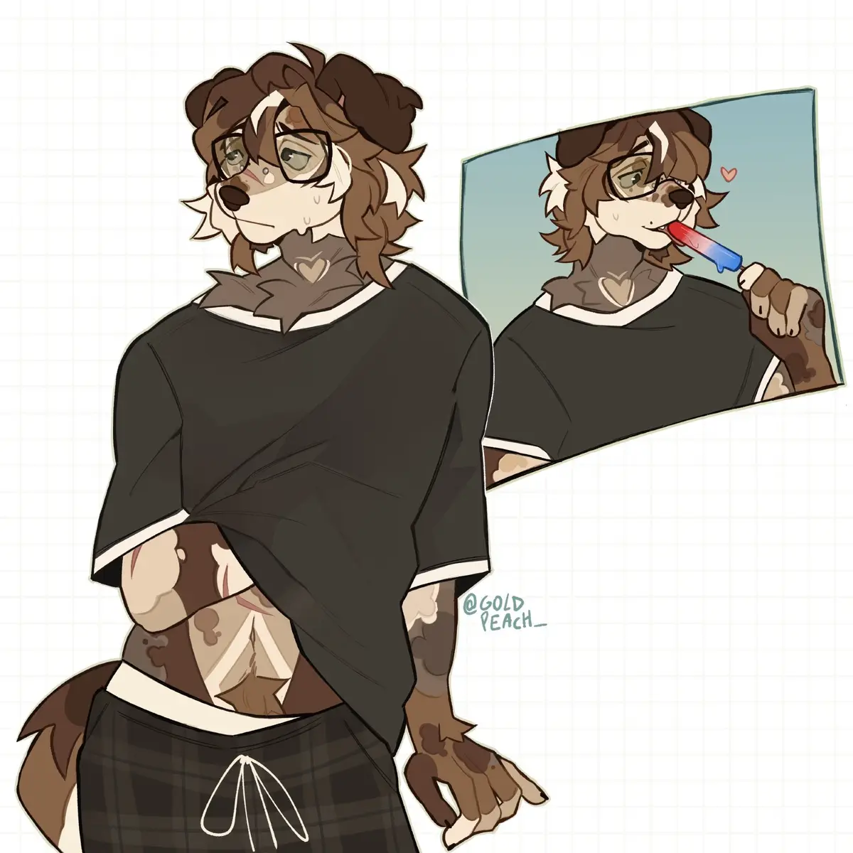 An anthropomorphic animal character with glasses and brown fur looks sad and self-conscious while standing in front of a…