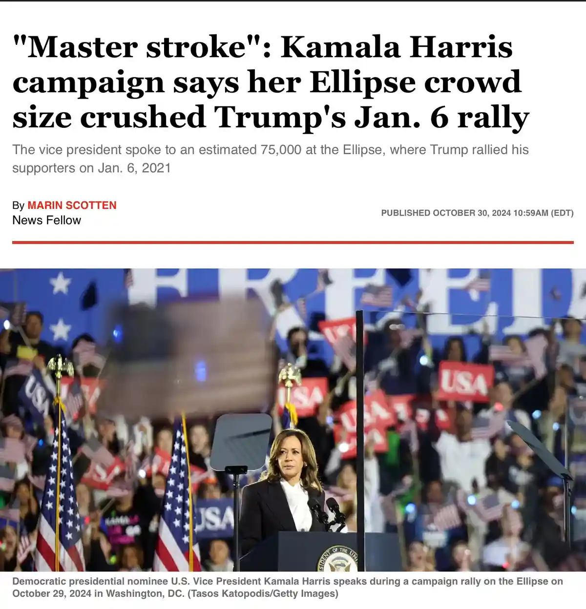 A news article screenshot shows Kamala Harris speaking at a rally with a large crowd behind her holding American flags and…