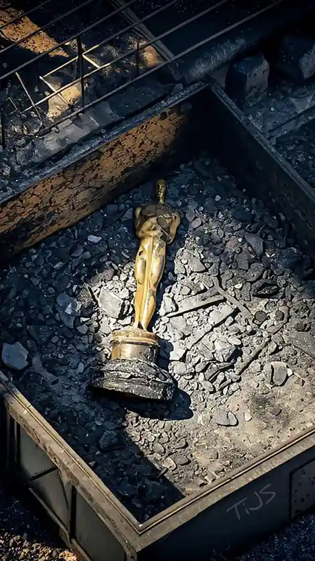 A golden Oscar statue stands upright in the middle of a pile of rubble and debris inside a metal container, with its base…