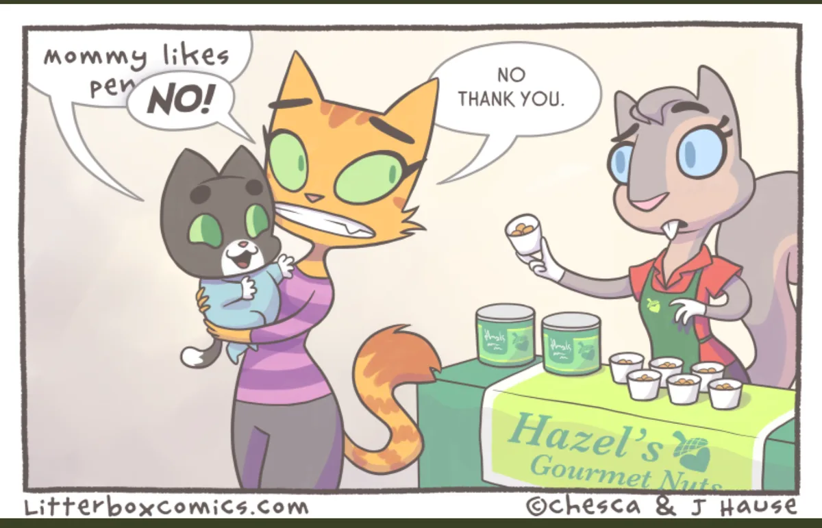 An orange cat holding a small black kitten says 'NO!' while a grey squirrel vendor offers them nuts from 'Hazel's Gourmet…