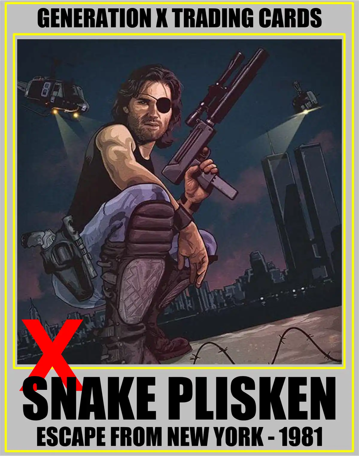 The image is a parody trading card titled 'GENERATION X TRADING CARDS' featuring a muscular man with an eyepatch, holding a…