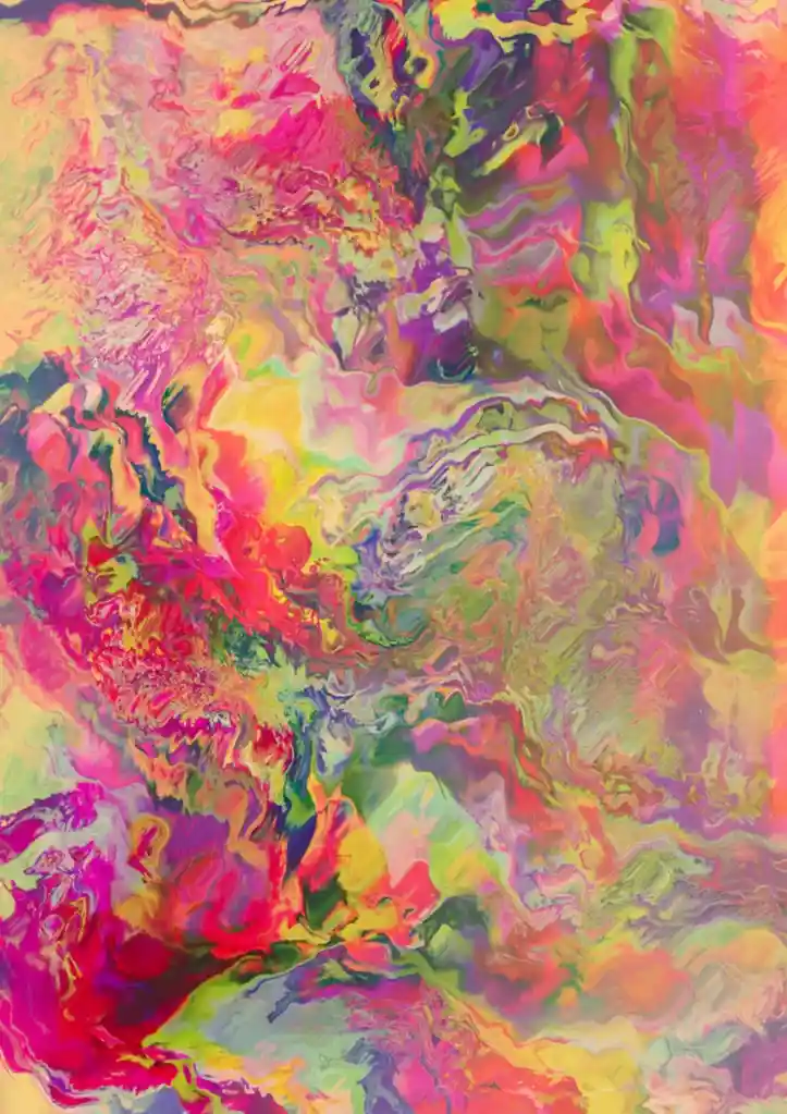 The image is a vibrant, abstract painting with swirling, fluid patterns of neon pink, electric green, hot orange, and deep…